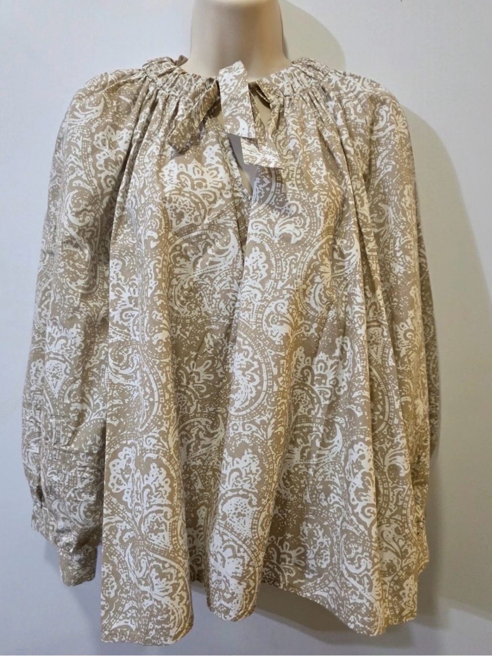 Beige and White Paisley Peasant Blouse - Cottagecore, boho